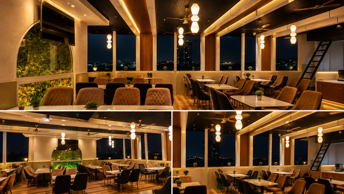 Rooftop restaurant dining area at Erleen Hotel Indore