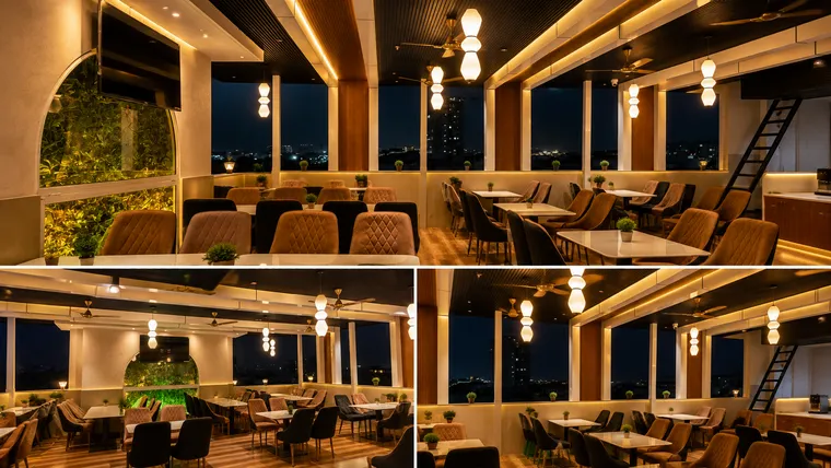 Rooftop restaurant panoramic seating area at Erleen Hotel
